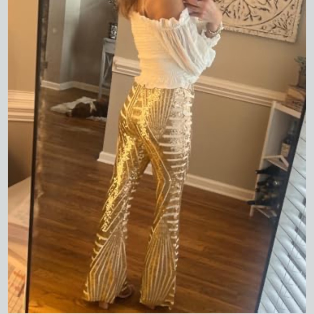 Apricot rose gold champagne sparkly wide leg sequin trousers - Picture 10 of 16
